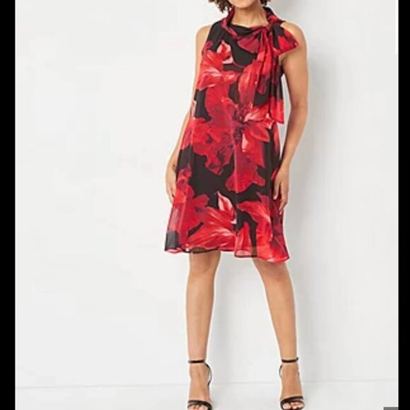 Robbie Bee Dresses & Skirts - Robbie Bee Floral Print Sleeveless Fold Over Tie Mock Neck Dress, Size 12 NWT
